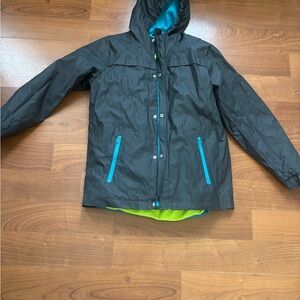 Cat & Jack dark gray and Teal Raincoat/inside neon green color